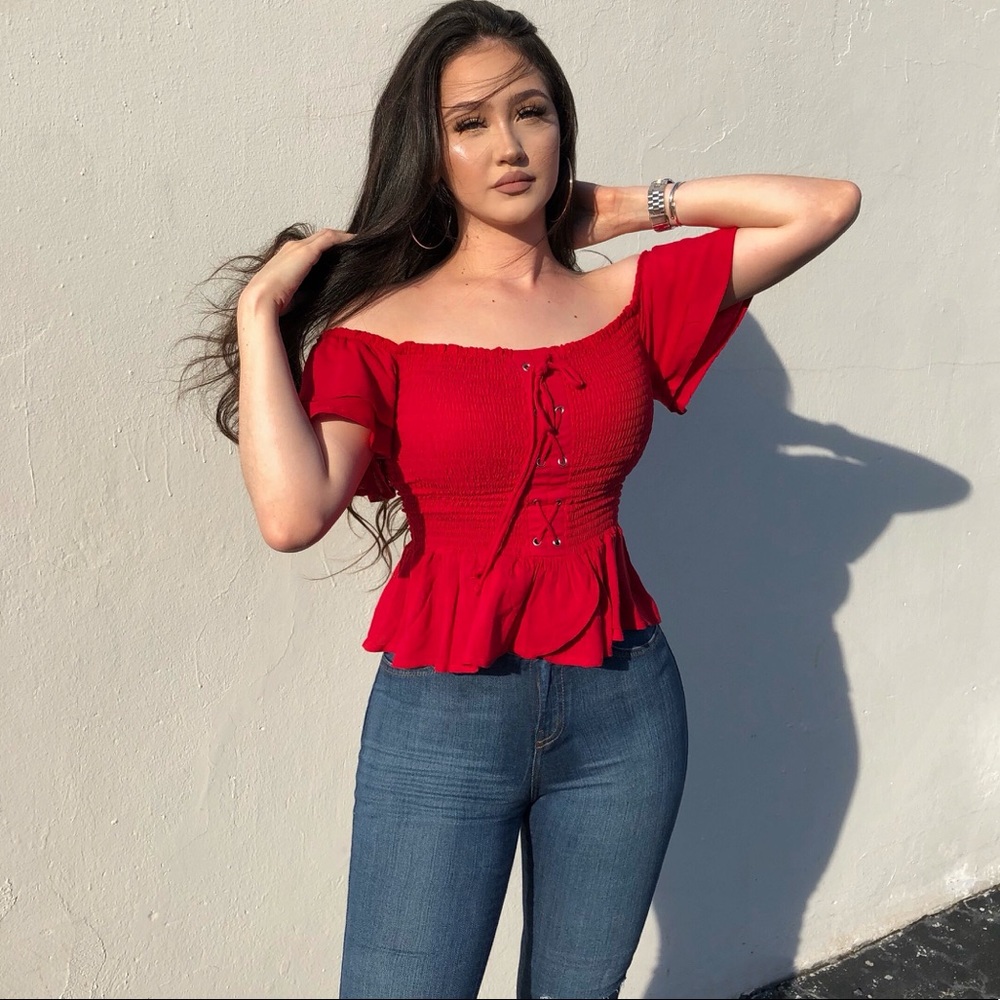 red off shoulder top